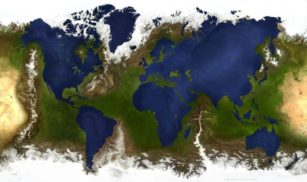 mapa mundi com massas de terra e água invertidas